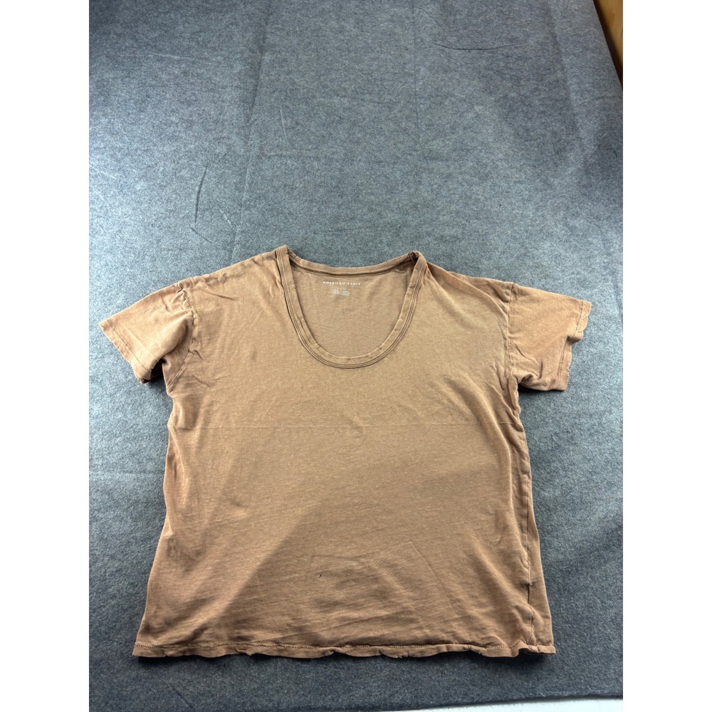 American Eagle Womens S Tan Distressed Scoop Neck Short Sleeve T-Shirt Bohemian